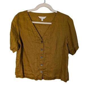 Garnet Hill 100% Linen Button Front Blouse – Women’s Small – Mustard Yellow
